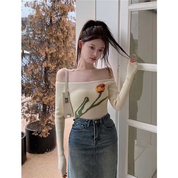 ÁO LEN THÊU HOA TRỄ VAI NỮ DÀI TAY ULZZANG