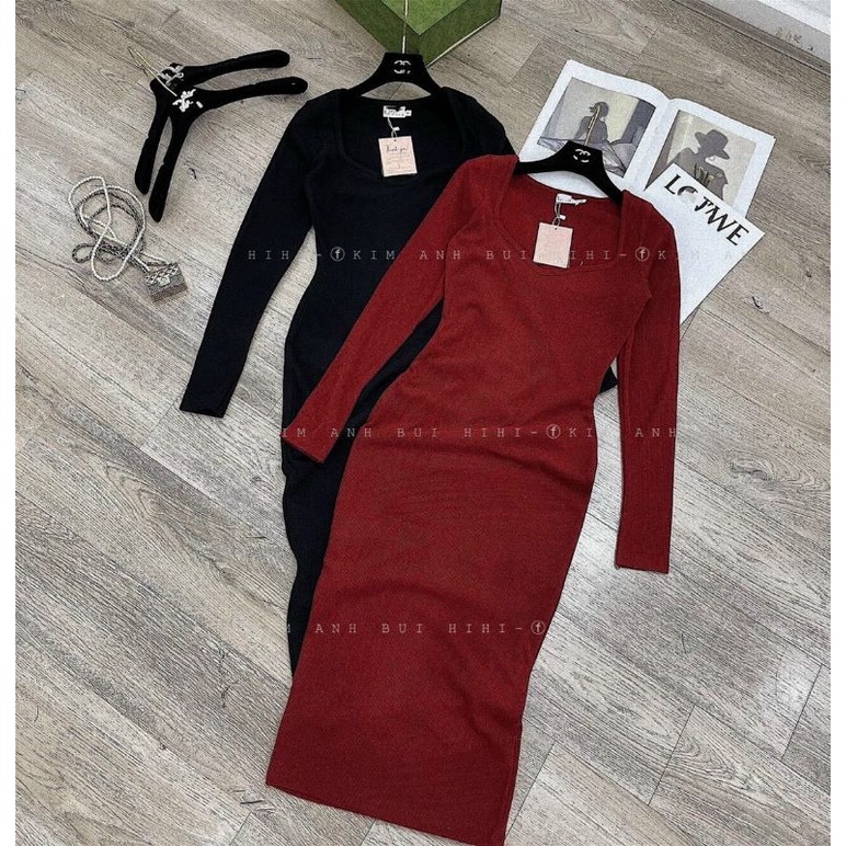 Váy len tăm body cổ vuông