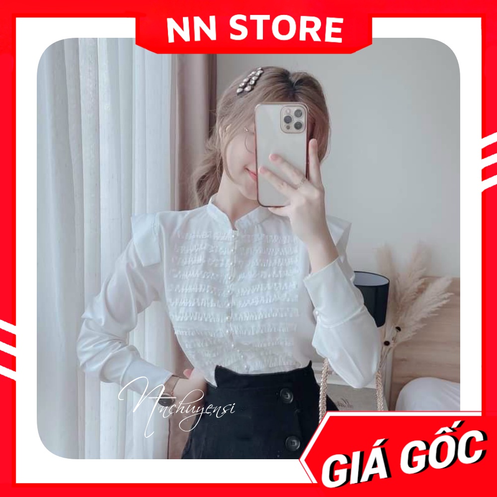 Áo kiểu công sở nữ chất vải mềm mịn dún bèo tay dài dễ thương Sơ mi cổ trụ nữ TP106