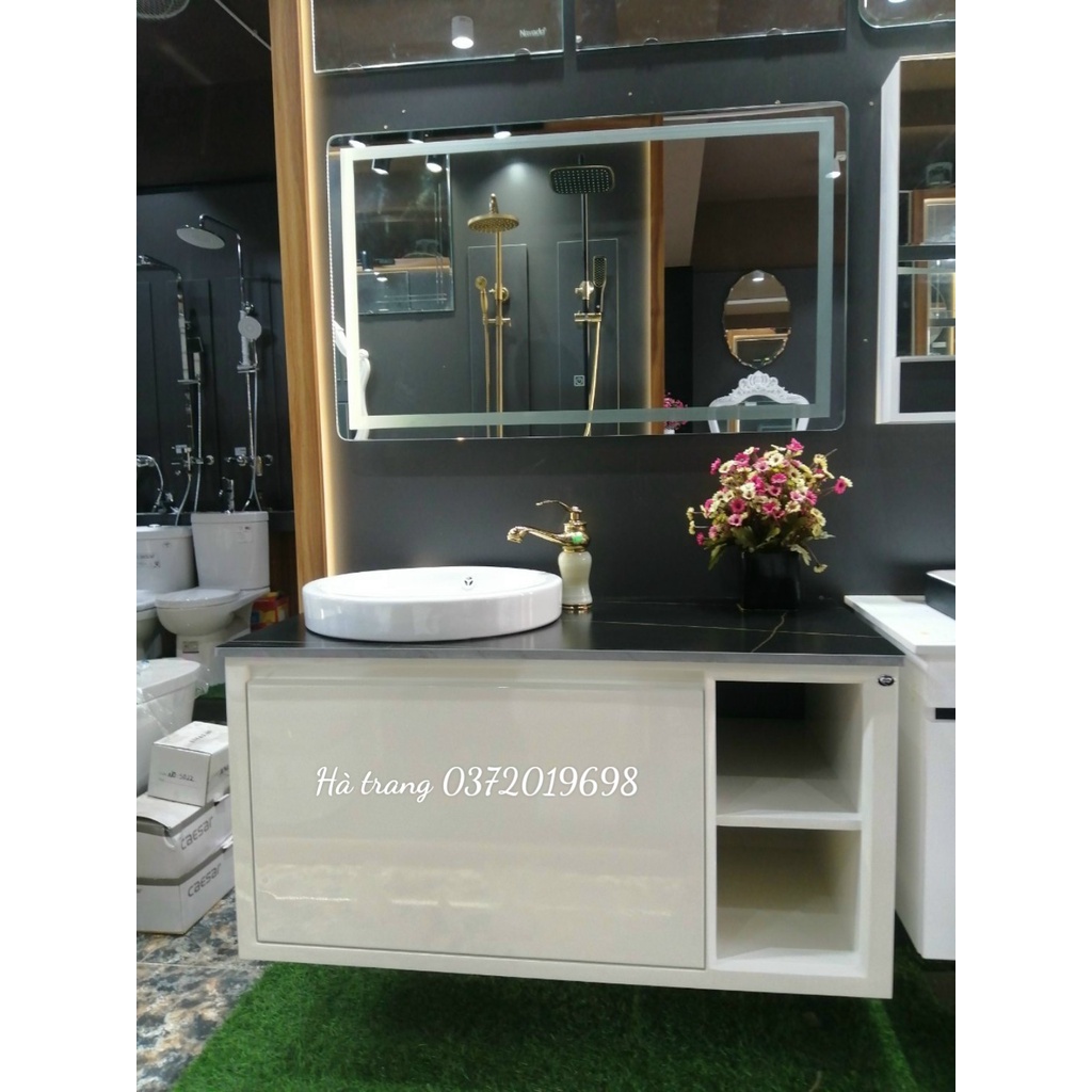 Bộ Tủ Chậu Lavabo PVC cao cấp HT105 bao gồm chậu sứ, bàn đá, gương đèn led