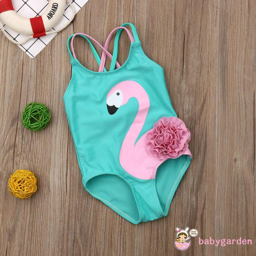 Áo Tắm Không Tay Cổ Tròn, Họa Tiết Hoa Và Chim Hồng Hạc Cho Bé Gái