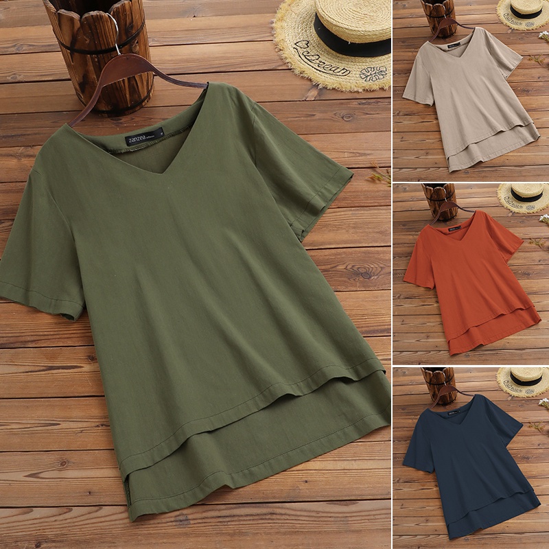 Áo kiểu ZANZEA từ cotton tay ngắn cổ chữ V dáng rộng màu trơn tùy chọn thời trang cho nữ