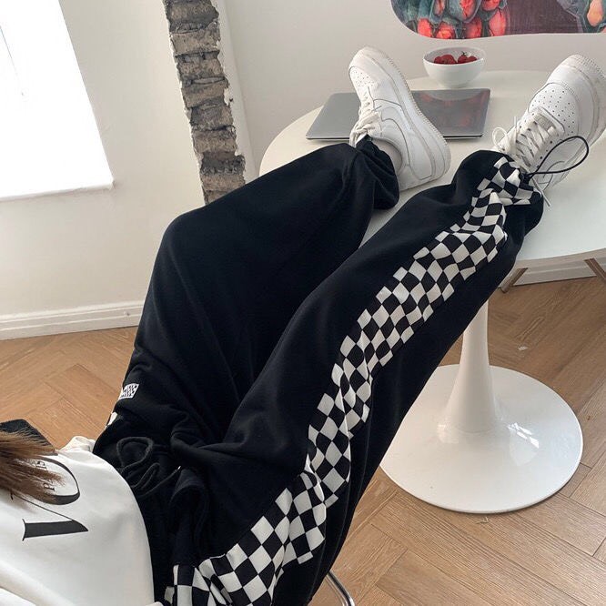 Quần suông có dây rút ống viền Bàn cờ_Quần nam nữ unisex