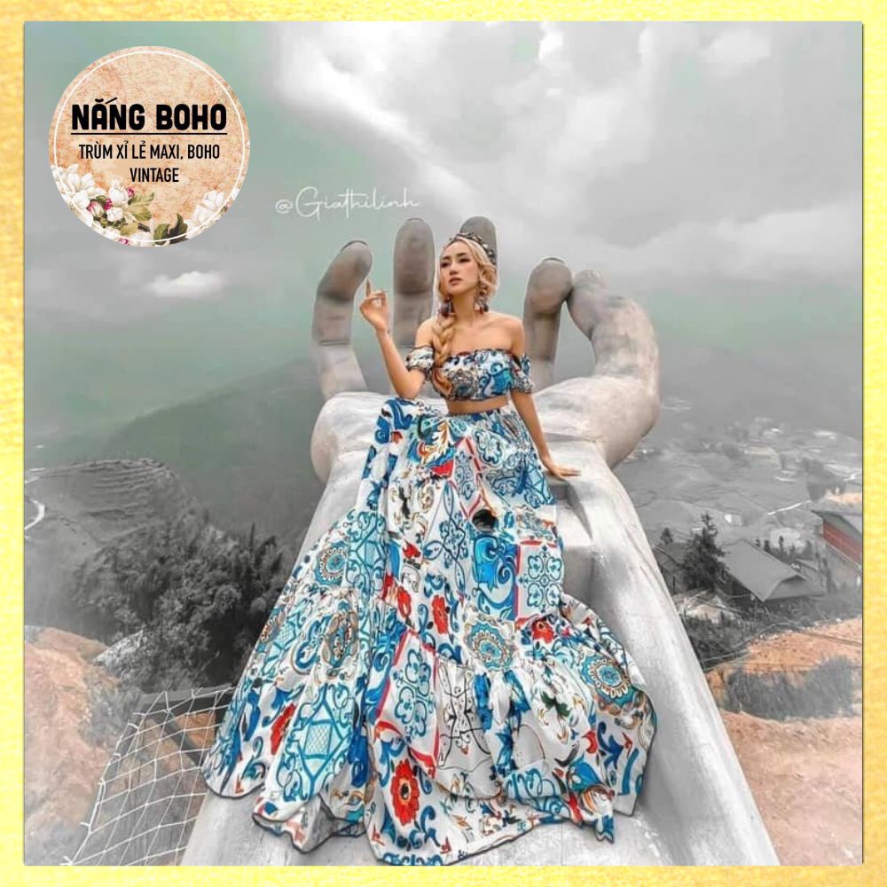 giảm tối đa 50k đơn từ 250k NẮNGBOHO-Maxi hoạ tiết trễ vai vintage