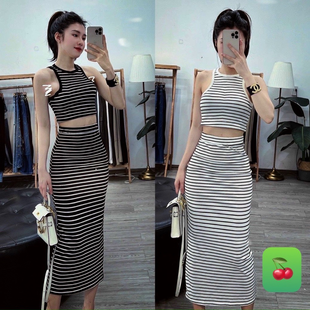 Set sọc ngang đi chơi nữ chân váy ôm dáng dài áo thun croptop ba lỗ sát nách chất thun tăm mềm