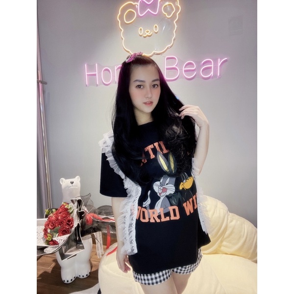 SET BỘ ĐI CHƠI - ÁO THUN IN HÌNH THỎ PHỐI REN KÈM QUẦN SHORT NGẮN CARO - SP001110