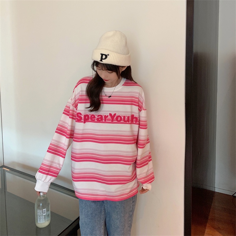 【ZHELIHANGFEI】Áo Thun Tay Dài Họa Tiết Sọc Theo Phong Cách Preppy Dễ Phối Đồ