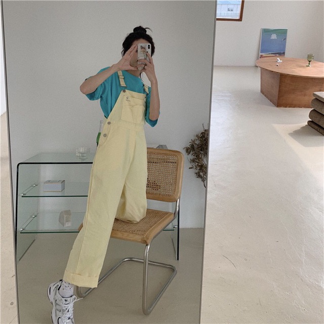 [HOT] ( ảnh thật ) Quần Yếm dài rộng suông màu vàng sữa nhạt/ bơ phong cách ulzzang dễ thương | BigBuy360 - bigbuy360.vn
