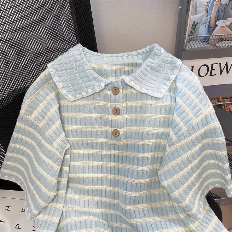 Áo polo cộc tay hoạ tiết kẻ ngang siêu xinh