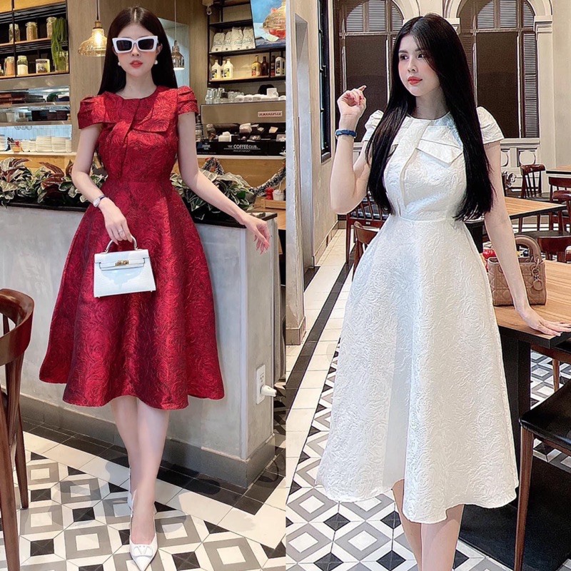 Đầm gấm tay con phối nơ sang trọng | BigBuy360 - bigbuy360.vn