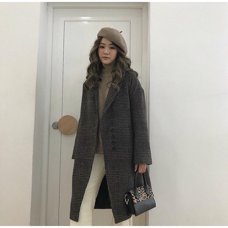 Áo dạ kẻ dáng dài. Freesize <60kg