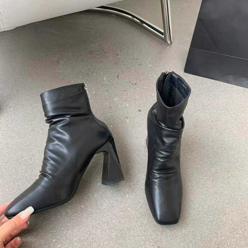 Giày boot nữ da mềm 2021 B SHOES, boot thấp cổ lót nỉ khoá sau, mũi vuông, kiểu dáng hiện đại trẻ trung, cao 7p B24