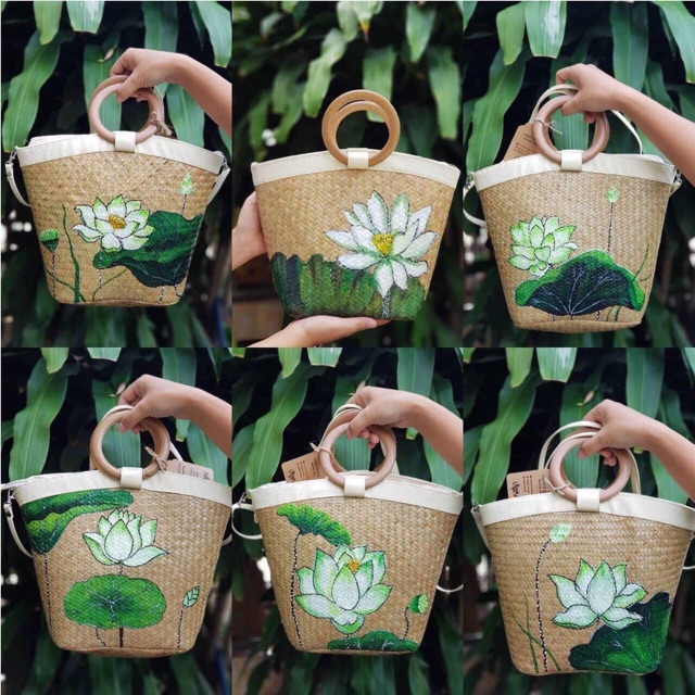 Túi cói  viền nẹp da vẽ handmade