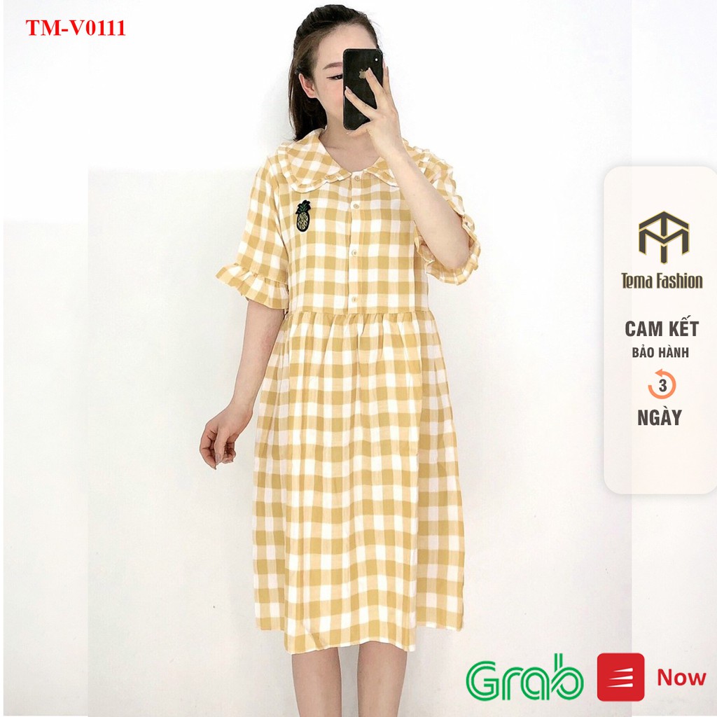 Đầm bigsize MIA - Váy bầu chất cotton mát kẻ caro dáng dài cổ sen siêu xinh