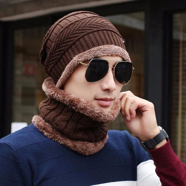 MŨ LEN NAM KÈM KHĂN CỔ HÀN QUỐC CAO CẤP