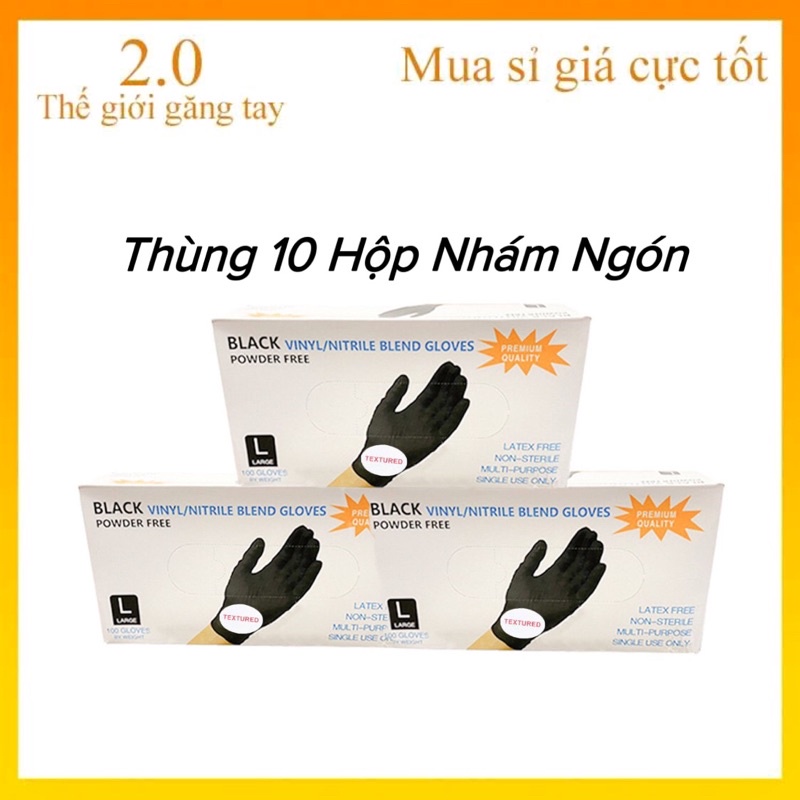 1 Thùng Găng Tay Đen - 10 Hộp, Không Bột Chuyên Dụng Spa, Phun Xăm...