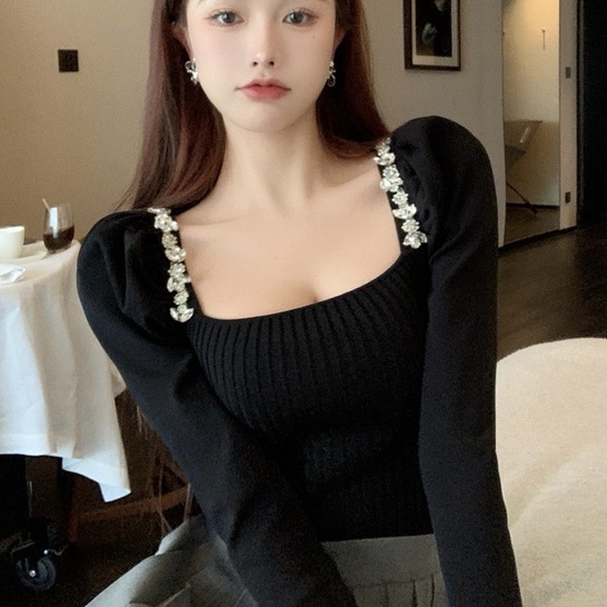 Áo len croptop nữ tay phồng cổ vuông tiểu thư, áo dệt kim nữ hàng quảng châu có video ảnh thật