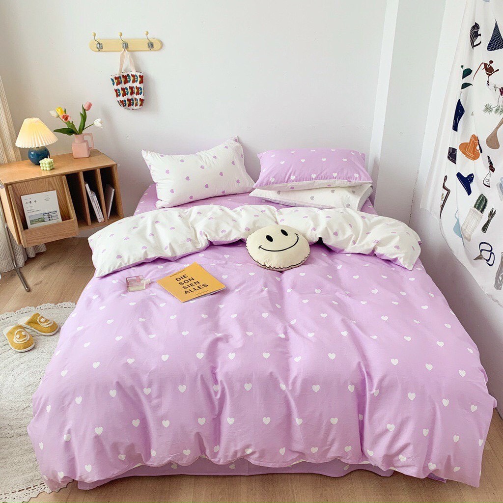 Bộ chăn ga gối Cotton Poly Decor Bedding phong cách Hàn Quốc Drap giường cotton  họa tiết trái tim