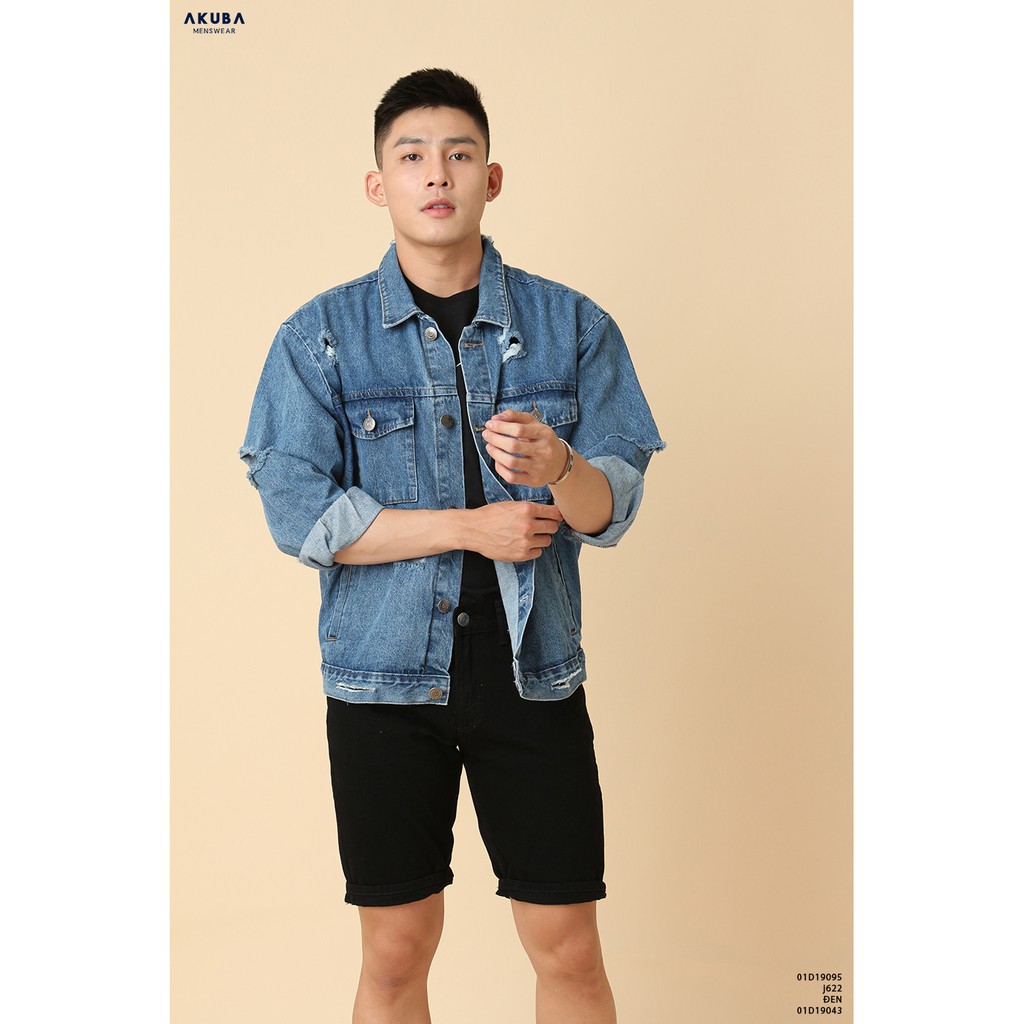 Áo khoác jean nam rách AKUBA form slimfit, chất liệu jean dày dặn 01D19095