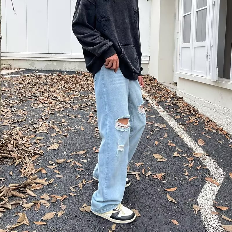 Quần Jeans Rách Dáng Rộng Phong Cách Hip Hop Nhật Bản Có size Lớn S-3XL Dành Cho Nam Giới