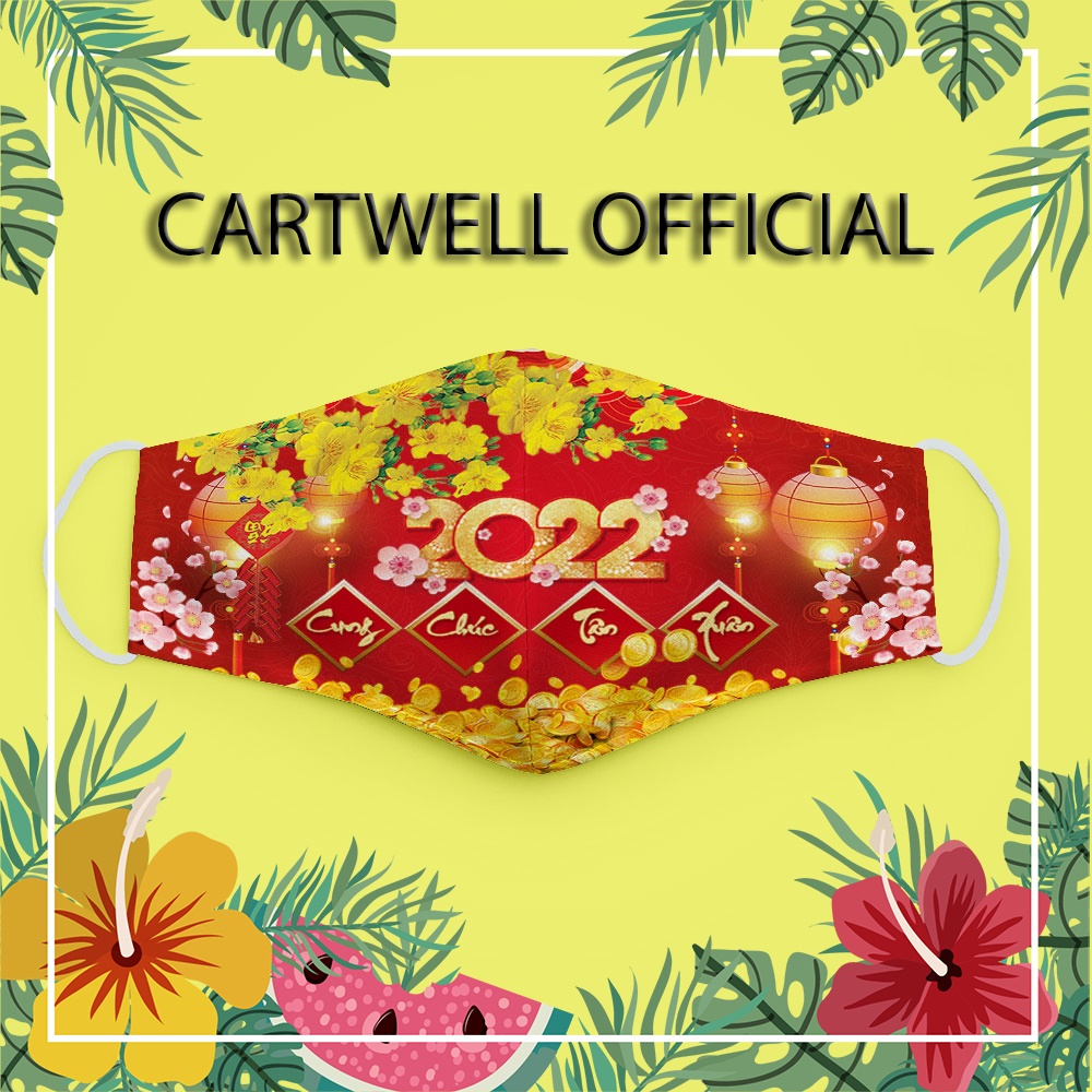 Khẩu trang tết 2022 nhâm dần happy new year chúc mừng năm mới cát tường tài lộc hổ vàng CARTWELL dây mềm dày 2 lớp