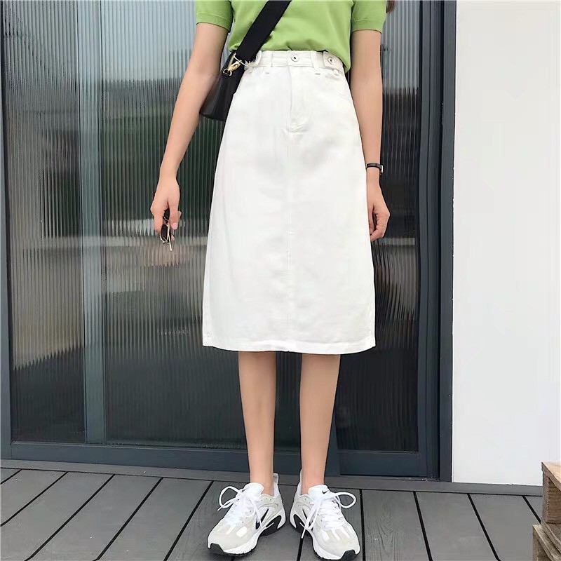 Chân váy kaki jean dài nữ qua gối lưng cao trắng đen ulzzang V02 | BigBuy360 - bigbuy360.vn