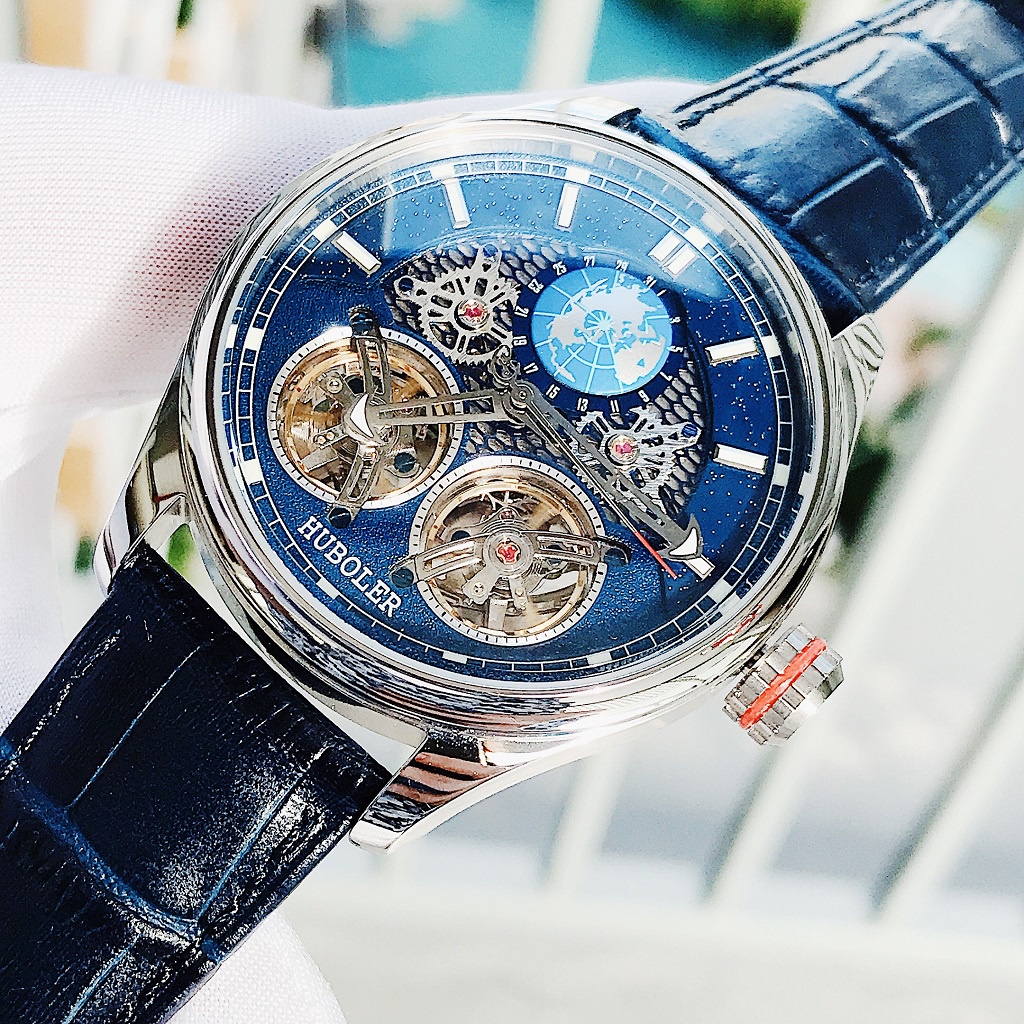 Đồng Hồ Nam Huboler Automatic Dây Da Xanh Silver Chính Hãng 44mm