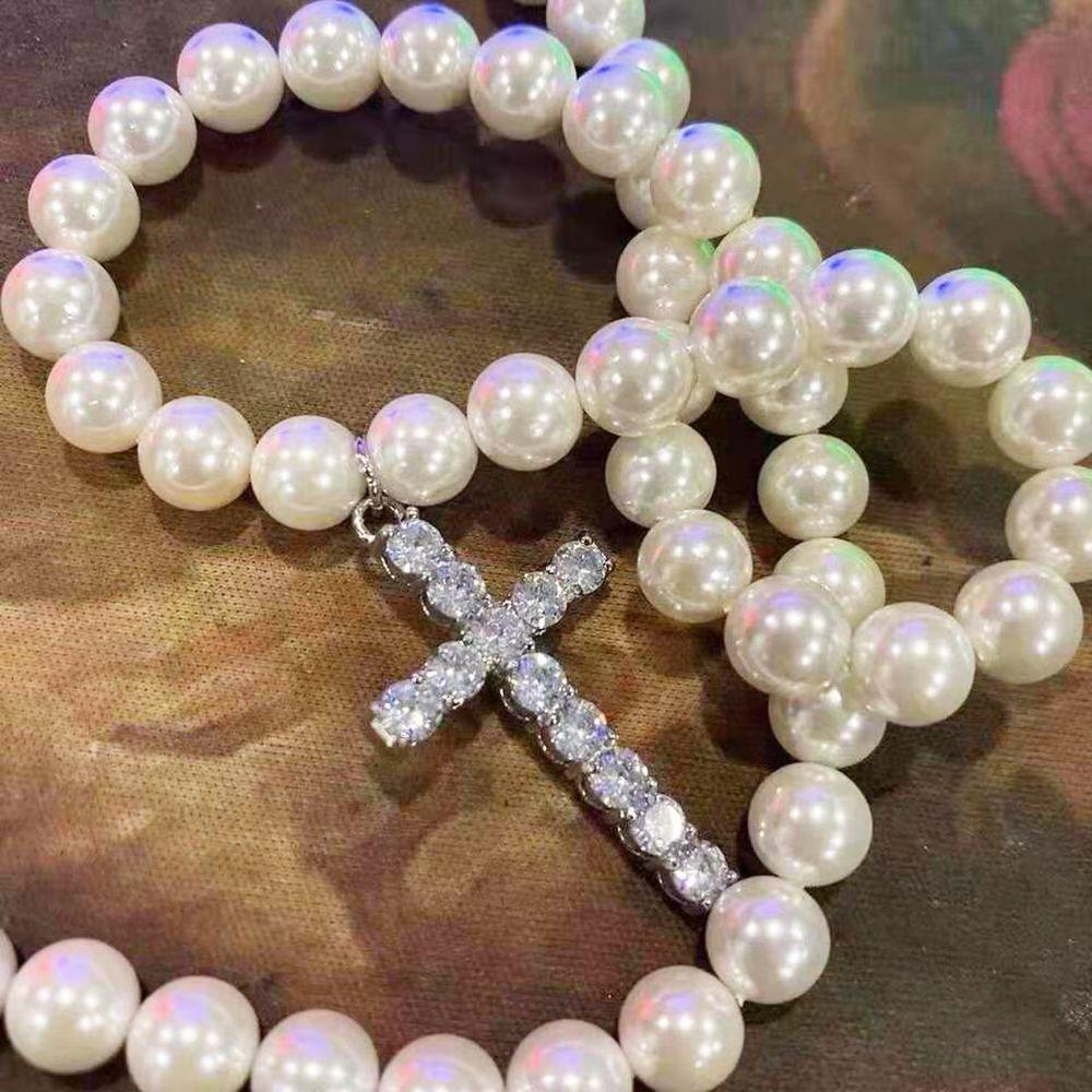 Vòng cổ choker mặt hình thánh giá đính hạt ngọc trai nhân tạo phong cách punk thời trang dành cho nam nữ