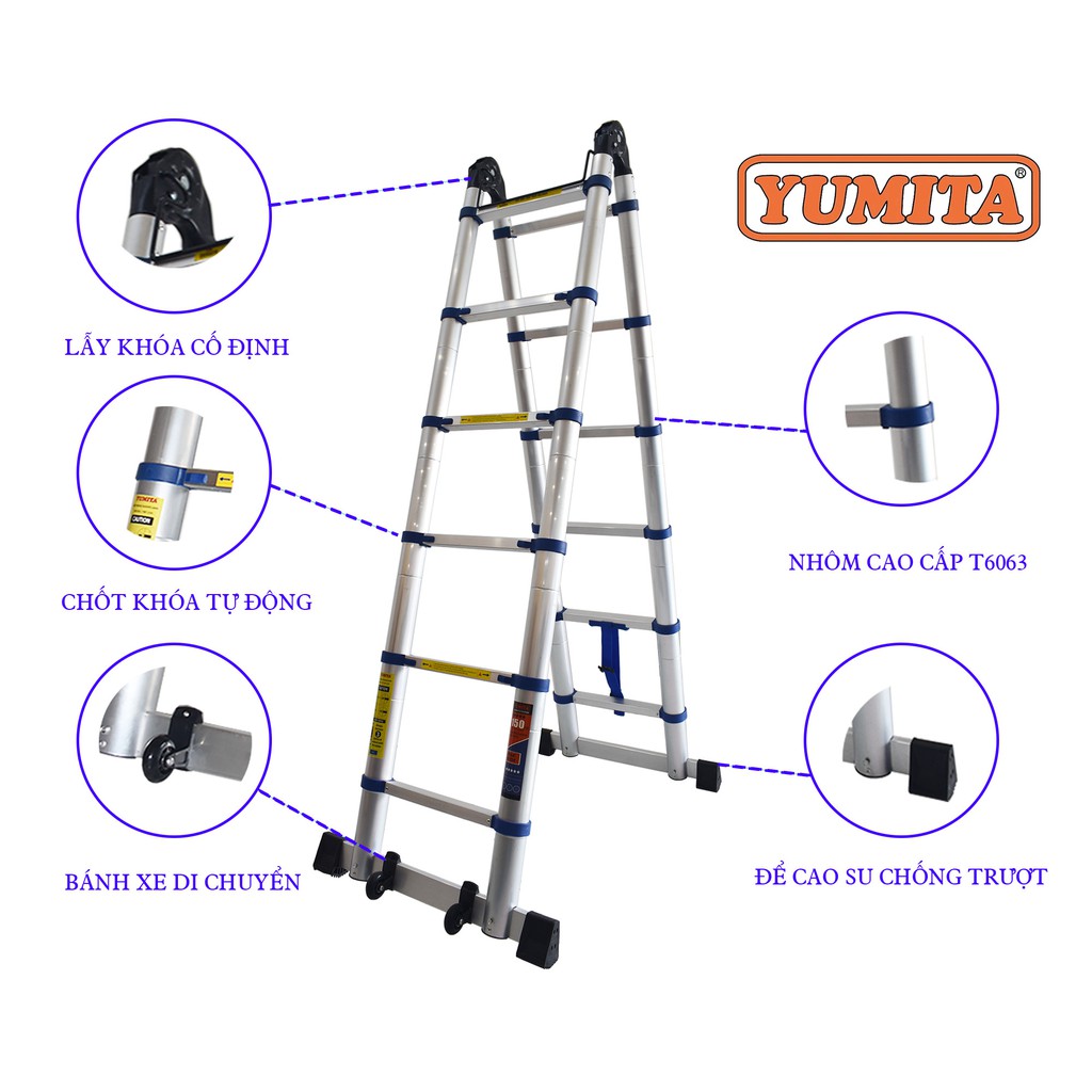 [Mua 1 tặng 1]THANG NHÔM RÚT ĐÔI YUMITA 3.8M (1.9-1.9M)- BẢO HÀNH 2 NĂM, CHÍNH HÃNG-  tặng bộ đồ nghề sửa chữa giá 300k