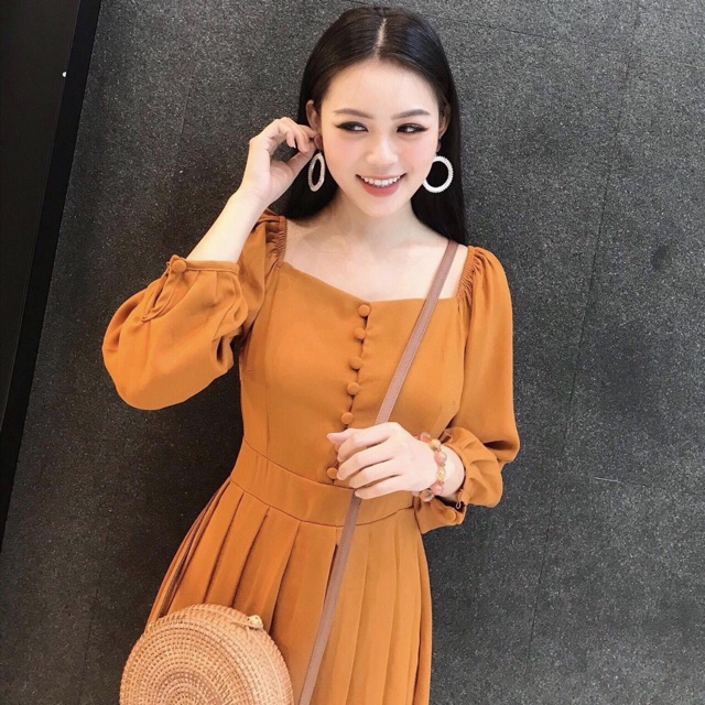 Đầm cam nút bọc xếp li (kèm hình thật) | BigBuy360 - bigbuy360.vn