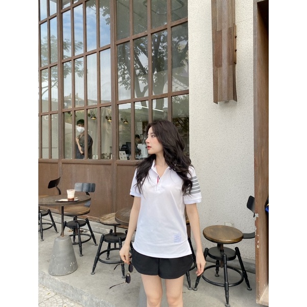 Áo polo THOM trắng sọc tay