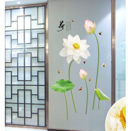 Decal trang trí tường - Hoa sen trắng và búp sen