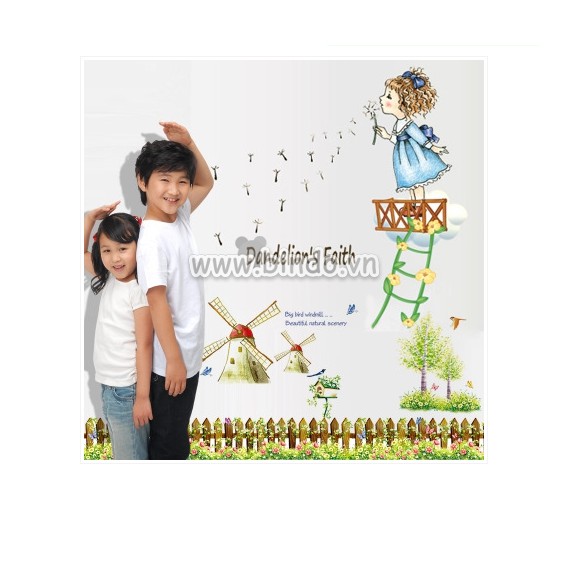 BỘ COMBO DECAL GHÉP ĐÔI TRANG TRÍ - Bé Gái thổi hoa kết hợp Cánh Đồng Cối Xay gió ( 2 TẤM )