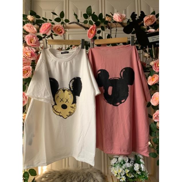 Áo Thun Form Rộng Cổ Tròn Tay Ngắn Giấu Quần Mickey Trắng Hồng DRAT11 Mys hitshop