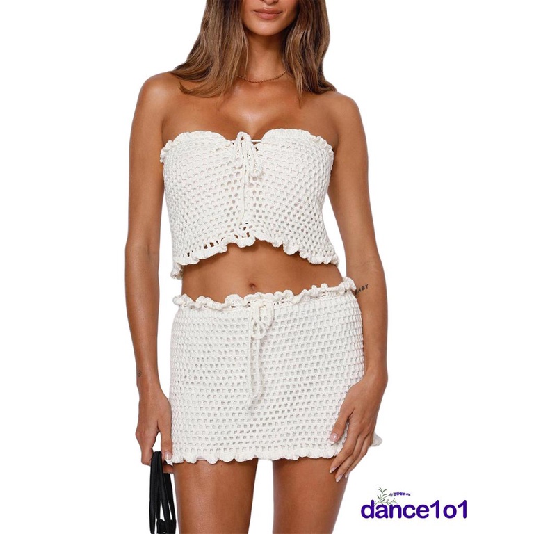 dance1o1-Women Solid Color Backless Strapless Tops+Hollow-Out Ruffled Short Skirt