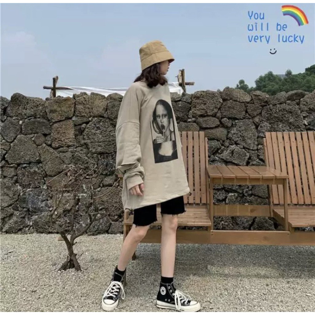 Áo nỉ cô gái kẹo mút phối tay màu nâu - Thun phông hoodie form rộng bigsize ulzzang HOT | BigBuy360 - bigbuy360.vn