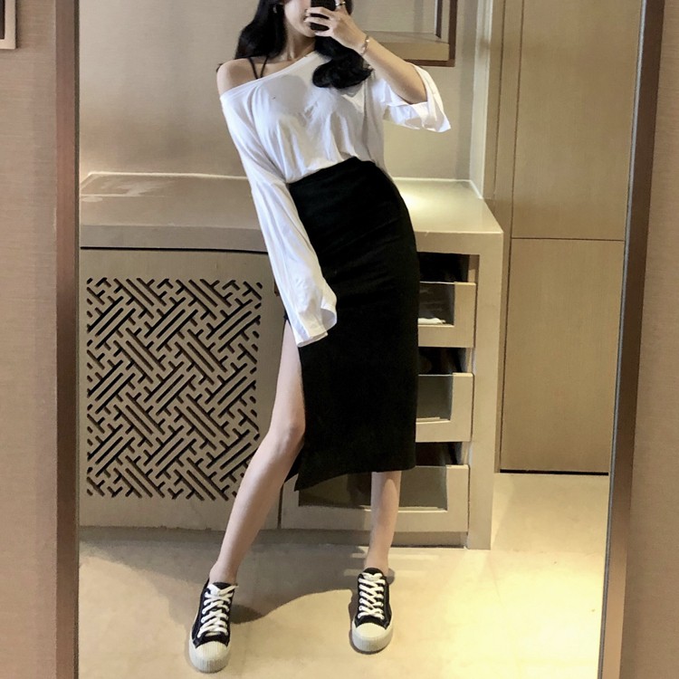 Xiaozhainv Áo thun màu trơn tay dài/ chân váy lưng cao xẻ tà kiểu dáng gợi cảm cho nữ | BigBuy360 - bigbuy360.vn