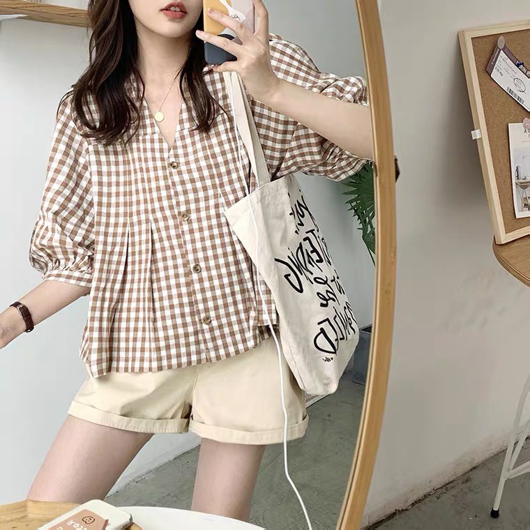 [SALE] Áo Kiểu Nữ Đẹp A.199, áo babydoll kiểu nữ hàn quốc họa tiết kẻ caro cổ V hai màu ngọt ngào