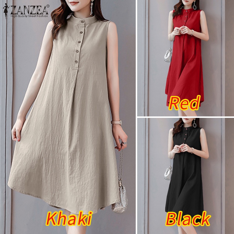 ZANZEA Đầm Mini Không Tay Cổ Tròn Cài Nút Phía Trước Thời Trang Cho Nữ