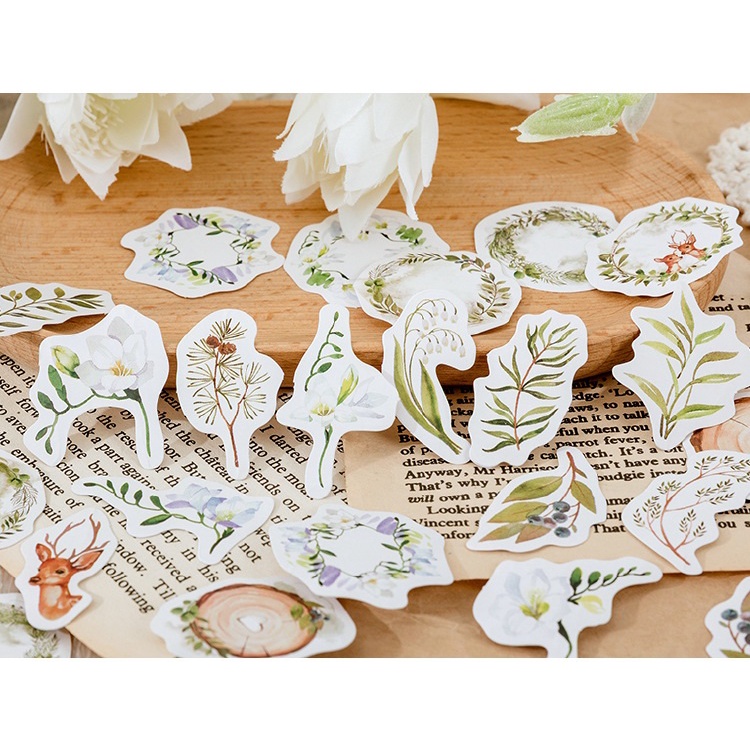 Enjoymore 🌿 Hộp 46 Miếng Dán Hoa Lá Cây Cỏ Hươu Nai Xinh Xắn Trang Trí Scrapbook Bullet Journal Hình Dán Sticker Set Bộ