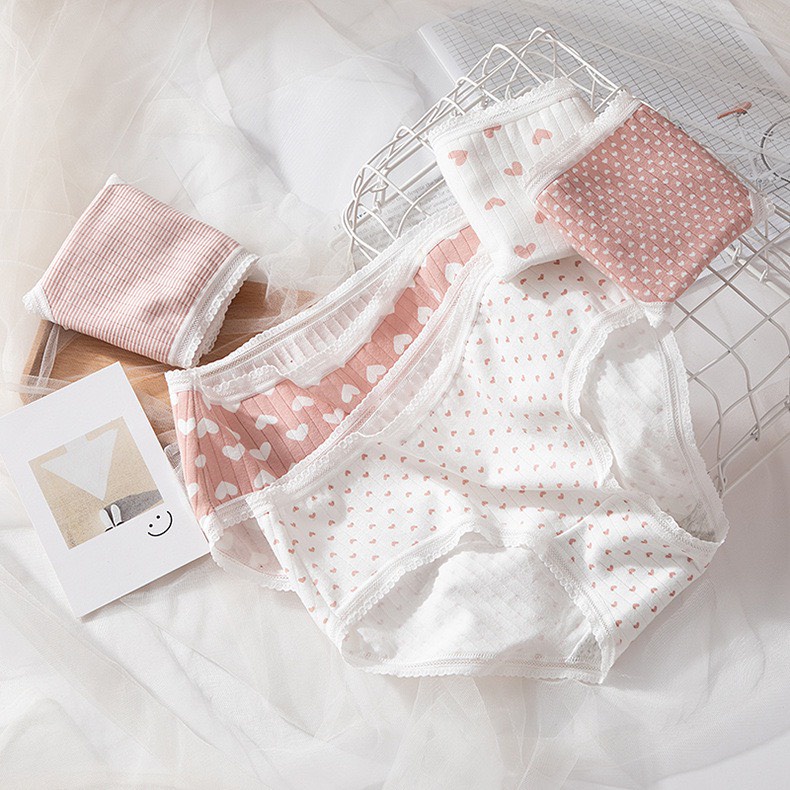 Quần Lót Nữ Cotton Tăm Co Dãn 4 Chiều Tim Hồng Siêu Dễ Thương