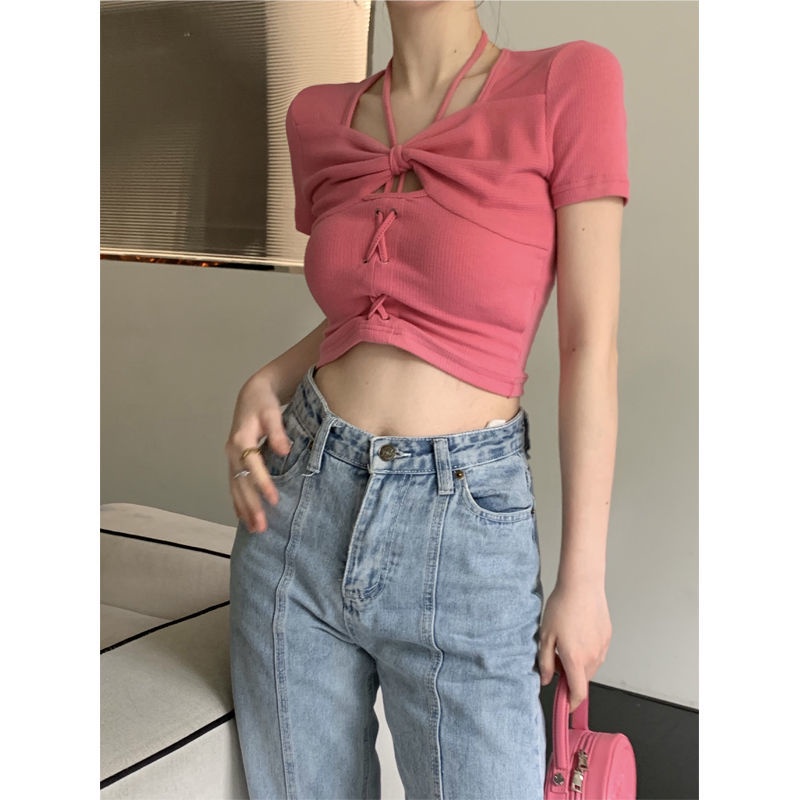 Jiashucheng Áo Thun Ngắn Tay Ôm Dáng Hở Lưng Màu Hồng Phong Cách Mới Mùa Hè Cho Nữ