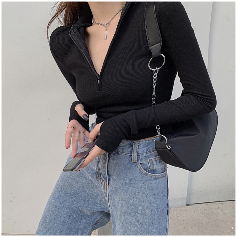 SUXI Áo Croptop Tay Dài Khoá Kéo Thiết Kế Mới Dành Cho Phái Nữ