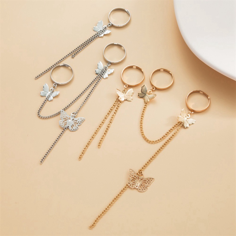 flowersqueen Nhẫn hở hình bướm phối dây xích có thể điều chỉnh phong cách punk thời trang cho nữ