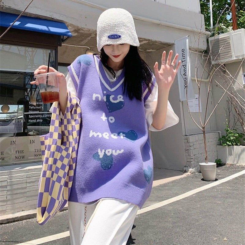 Áo len không tay cổ chữ v dáng rộng thời trang theo phong cách hàn quốc cho nữ