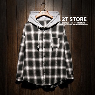 ÁO KHOÁC UNISEX SƠMI THUN SỌC CARO TRẮNG ĐEN PHỐI NÓN XÁM