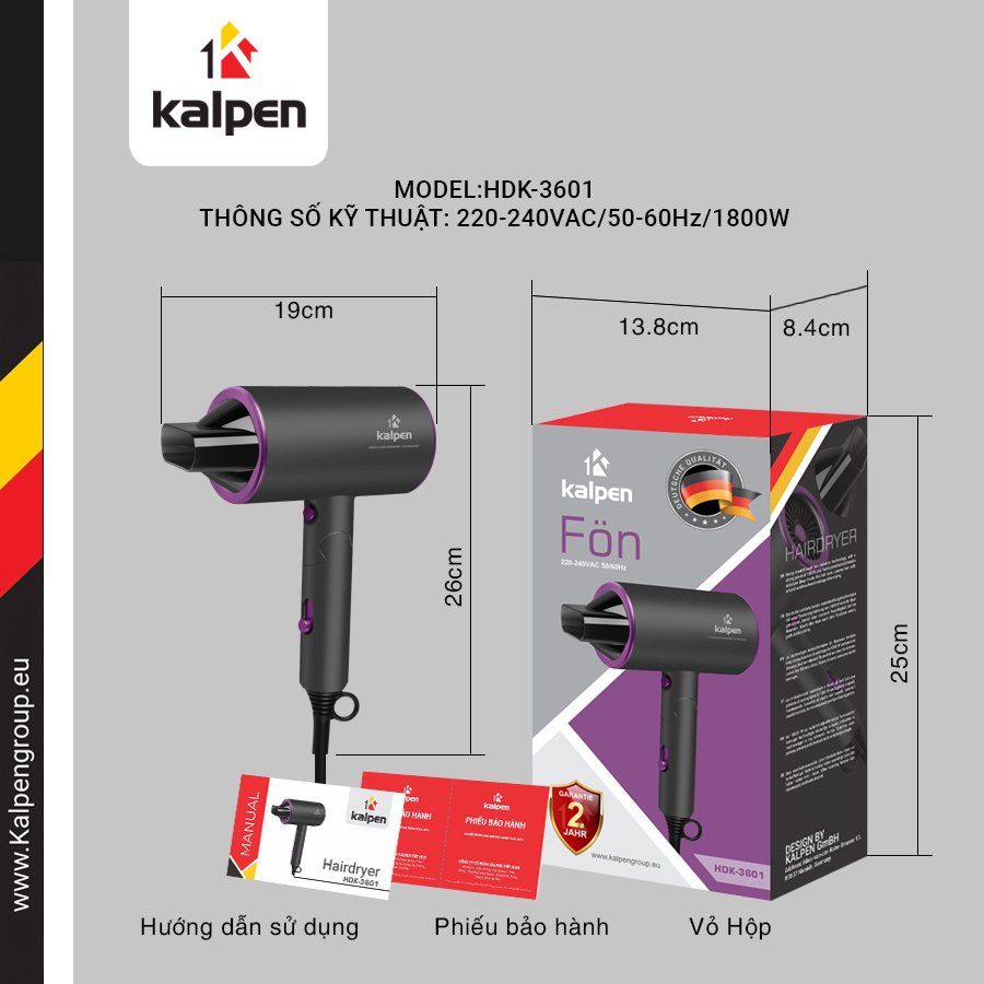 Máy sấy tóc công suất lớn tạo kiểu Kalpen với 3 chế độ sấy thông minh, công suất 1800w