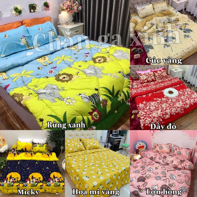 Trọn bộ 5 món ga gối chăn phao poly cotton có ruột bông dày loại 1 ( nhắn chọn mẫu )