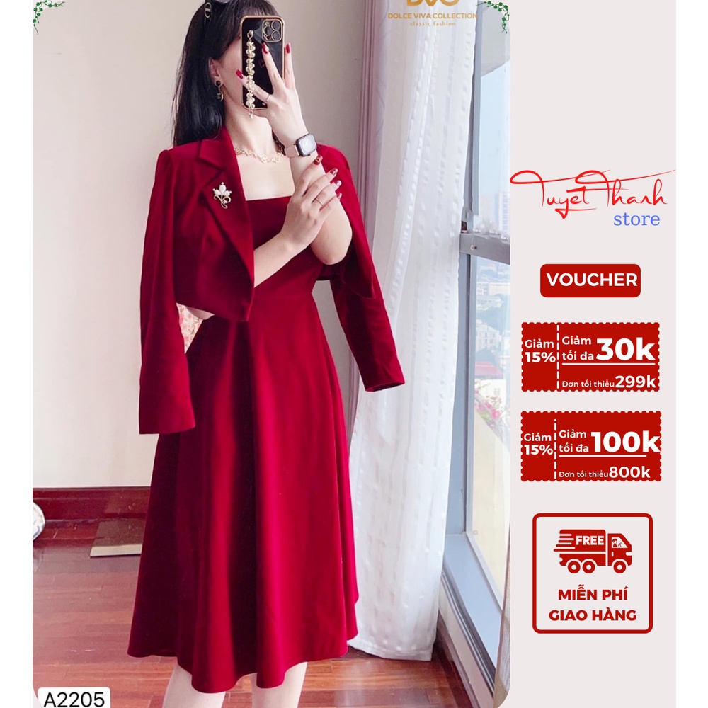 Set Áo Vest Đỏ Phối Váy 2 Dây Chất Nhung Cao Cấp TuyetThanhstore Mã S2205