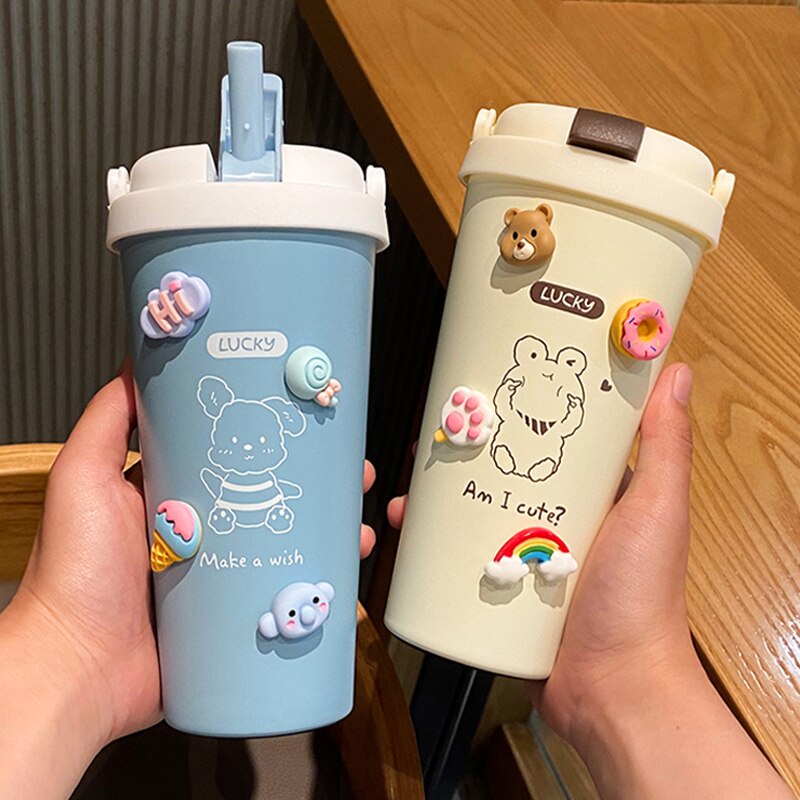 Ly giữ nhiệt cute dễ thương có ống hút, Cốc giữ nhiệt cầm tay tặng kèm Sticker,dung tích 500ml